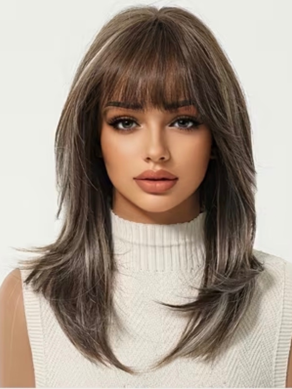 16” Gray Brown Highlight Medium Length Wig with Bangs